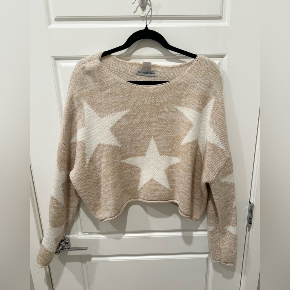 Cotton Emporium Beige Star Knit Cropped Sweater